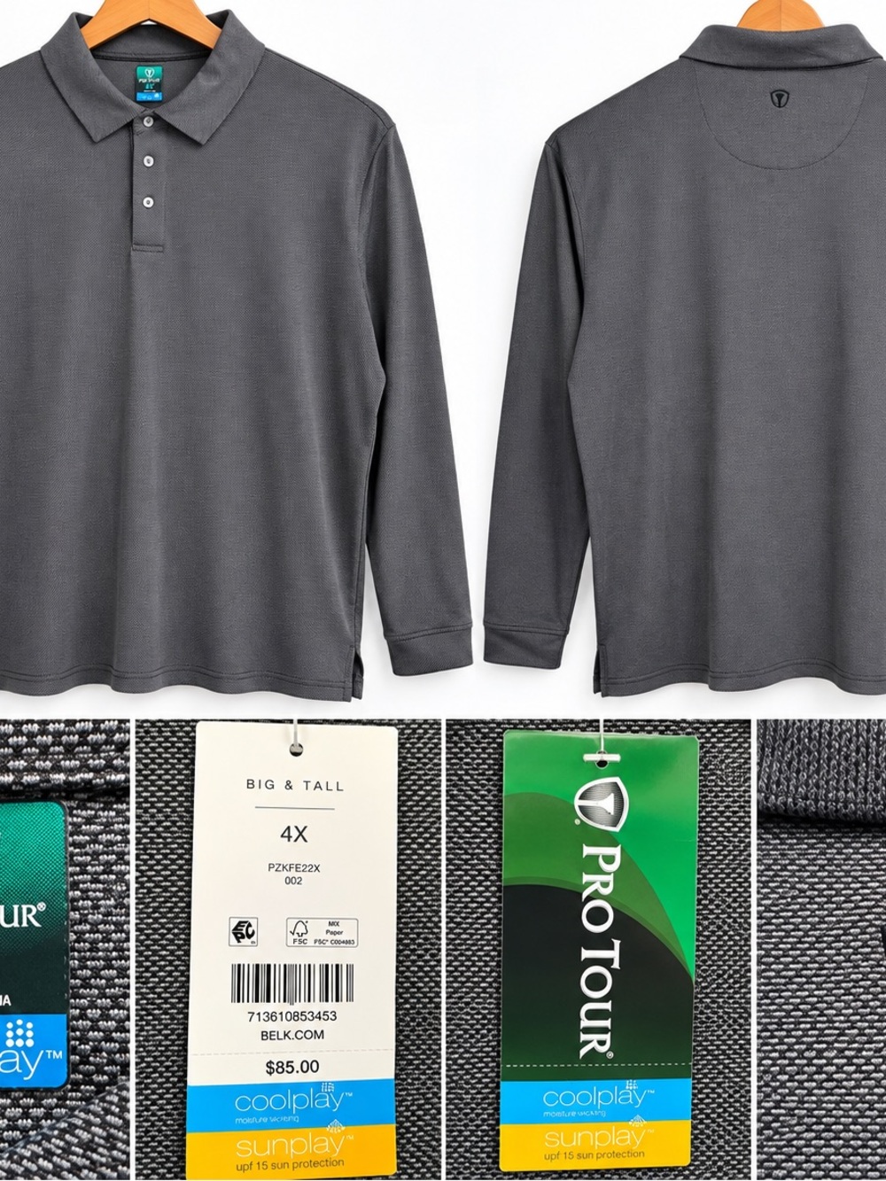 NWT Pro Tour Big & Tall 4X Gray Long Sleeve Performance Golf Polo